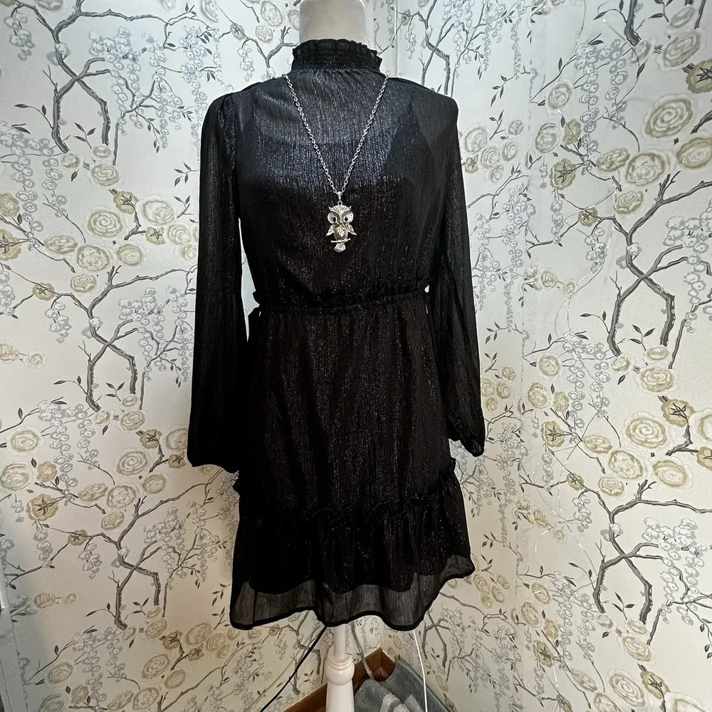 LOFT WOMEN'S BLACK SHIMMERING METALLIC TIERED DRESS SIZE SP NEW WITHOUT TAG - Picture 1 of 8